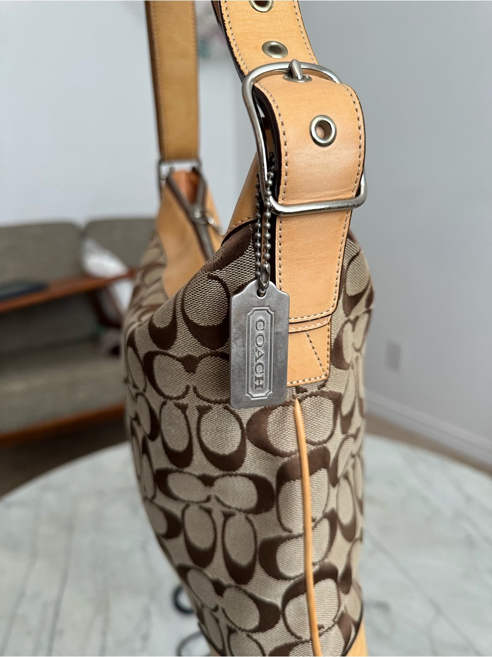 Coach Signature Hobo in Brown and Tan Leather Trim - Picture 3 of 6